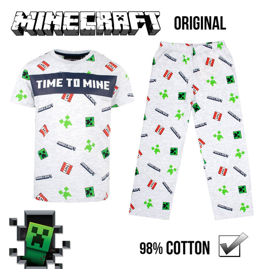Minecraft Pyjama – Kurzarm – "Time to Mine" grau