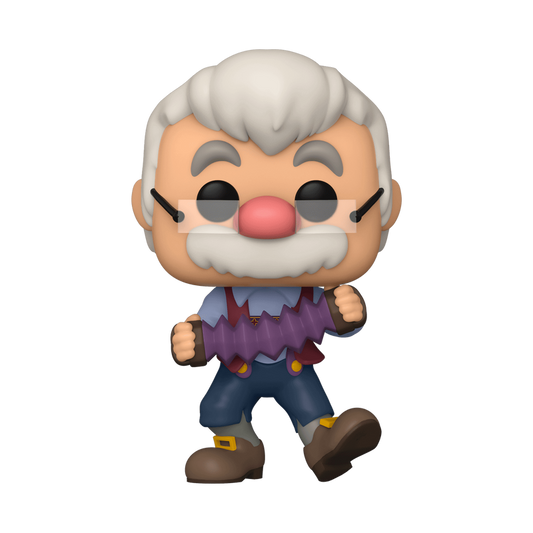 Geppeto avec Accordéon Pop! Geppetto has his accordion and is jumping for joy at the news of joining his beloved Pinocchio in your Disney Pinocchio collection. Vinyl figure is approximately 4.25-inches tall