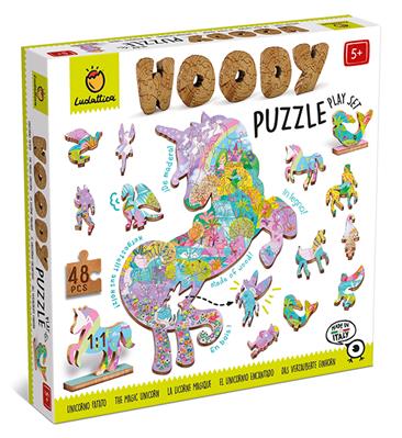 Ludattica Puzzles : WOODY PUZZLE LICORNE 25x35cm, 48 pièces, 12 figurines, en bois, 4+