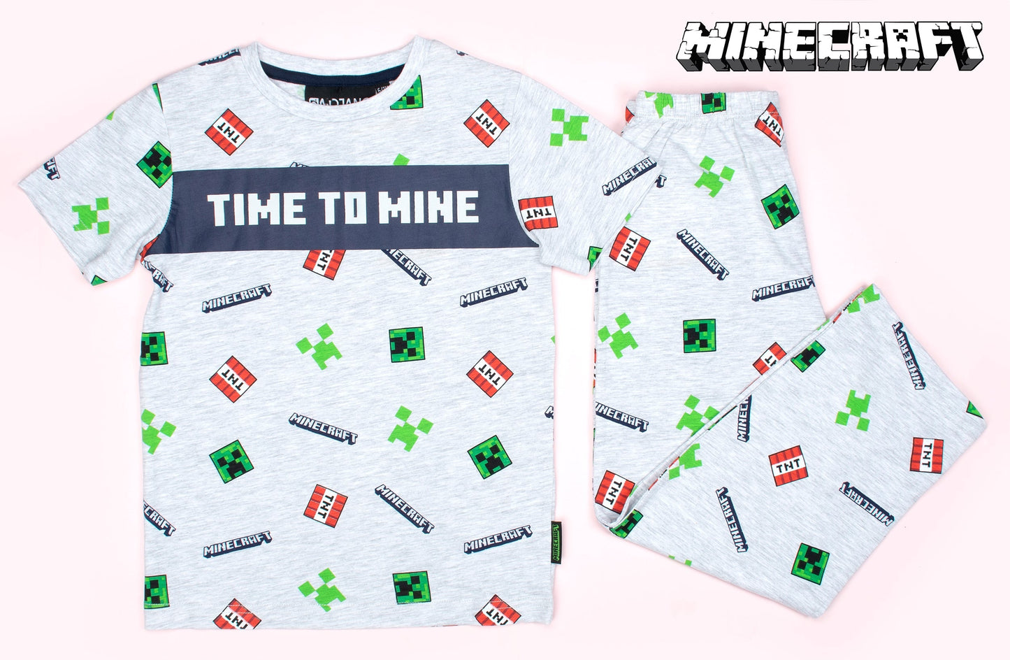 Pyjama Minecraft – Short Sleeve – 'Time to Mine' gris