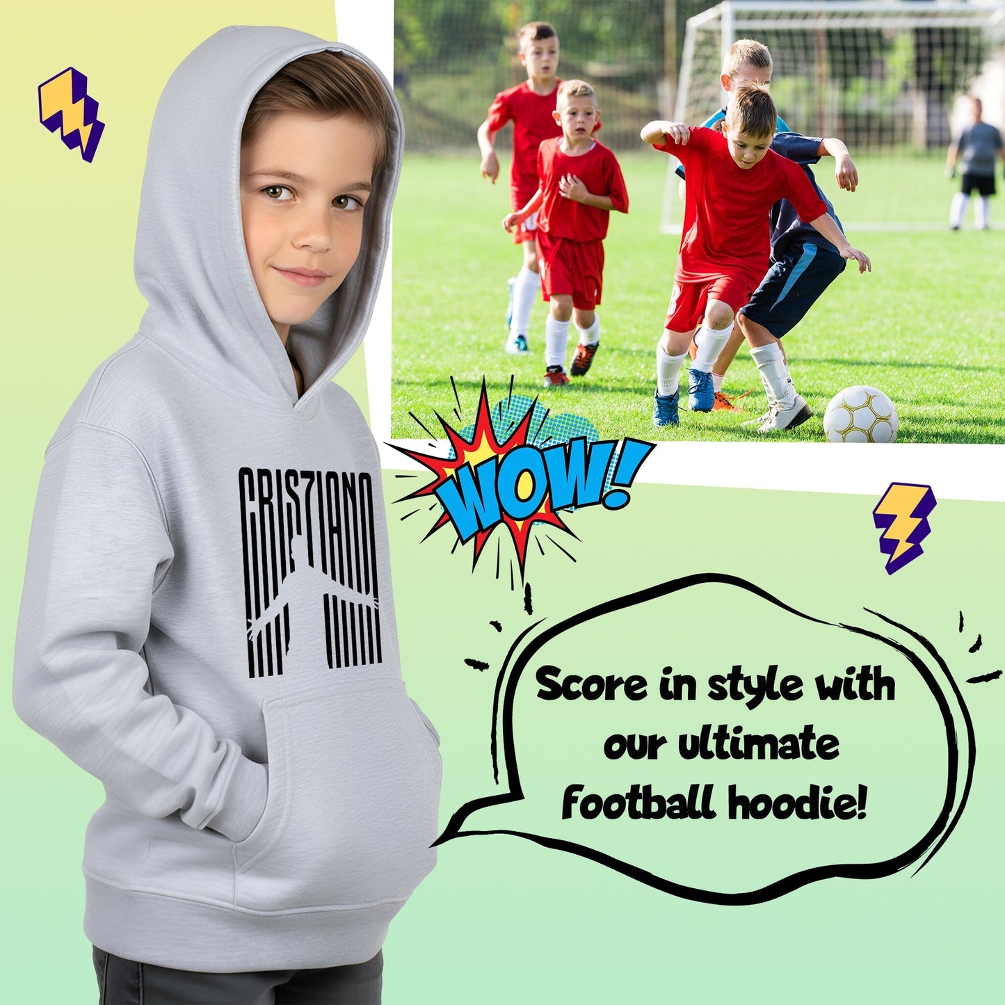 Sweat à capuche football – Fringoo gaming gris for Boys Cotton Rich Soft Hooded – Cristiano gris