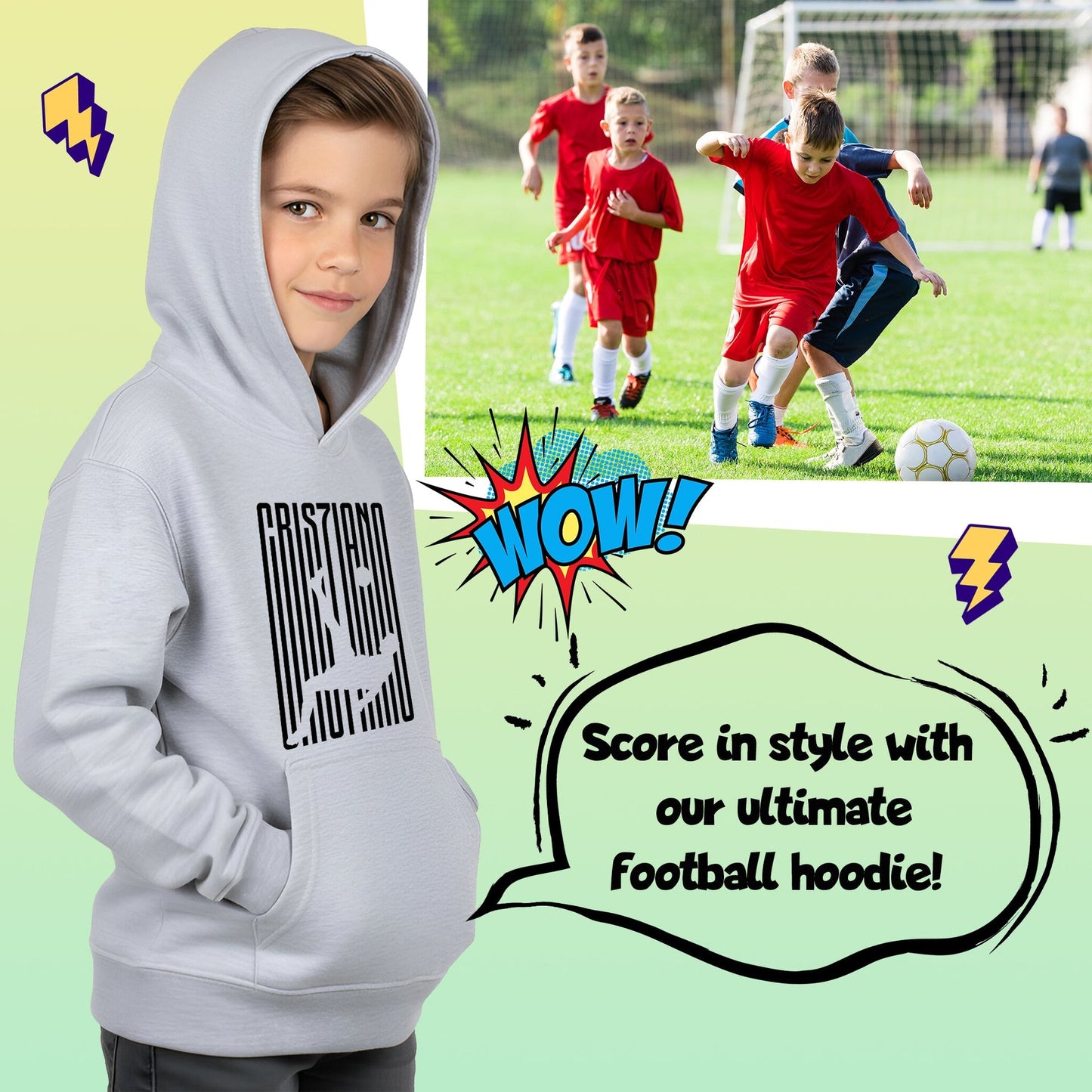 Sweat à capuche football – Fringoo gaming gris for Boys Cotton Rich Soft Hooded – Cristiano Kick gris