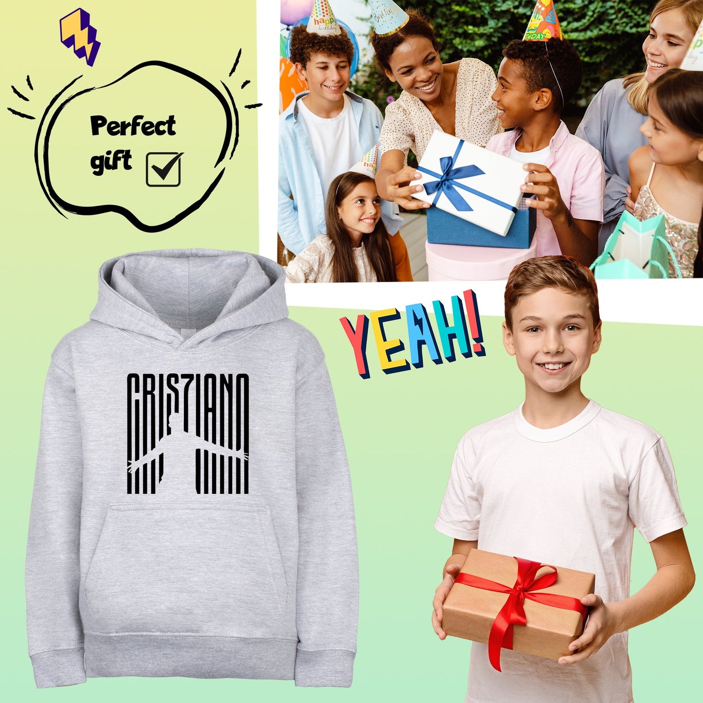 Sweat à capuche football – Fringoo gaming gris for Boys Cotton Rich Soft Hooded – Cristiano gris