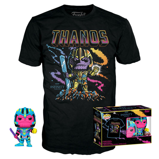 MARVEL Funko POP N° 909 Thanos Black Light BLKLT | Avengers: Endgame POP! & Tee set figurine et T-Shirt Thanos