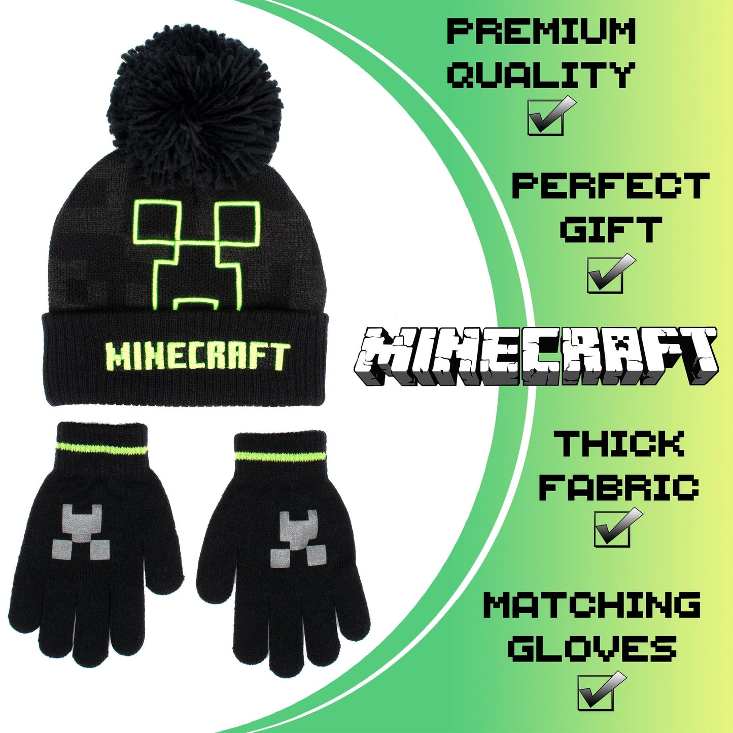 Ensemble bonnet et gants – Minecraft Set – gris Creeper